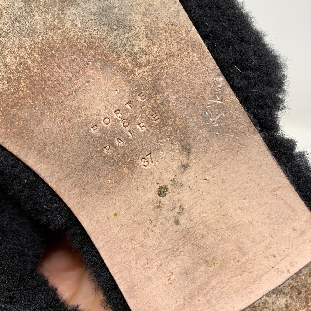 Porte & Paire Shearling Slippers Womens Size 37 US 7 Black Leather Lining + Sole - Picture 7 of 8